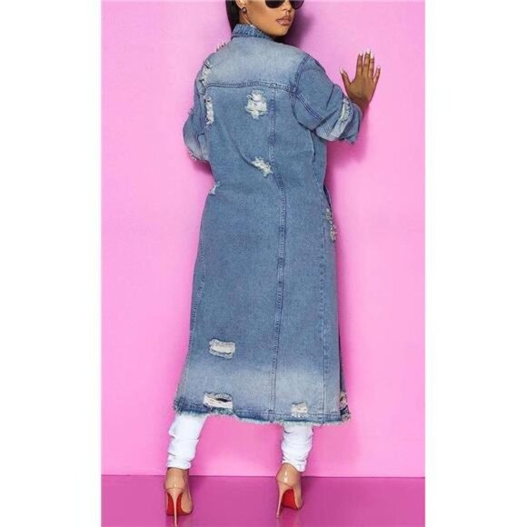Light Wash Distressed Denim Maxi Jacket Long Jean Trench Coat Midi Jacket - Picture 3 of 5